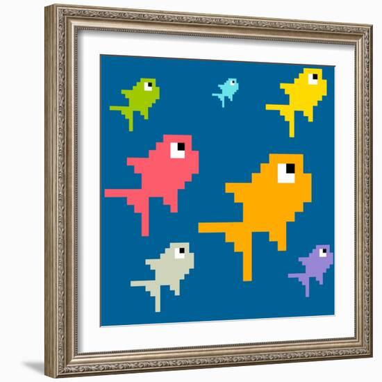 8-Bit Pixel Art Multicolored Fish, Seamless Background Tile-wongstock-Framed Art Print