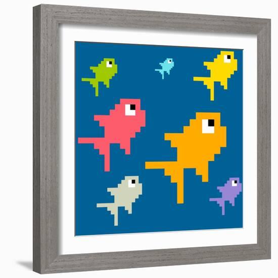 8-Bit Pixel Art Multicolored Fish, Seamless Background Tile-wongstock-Framed Art Print