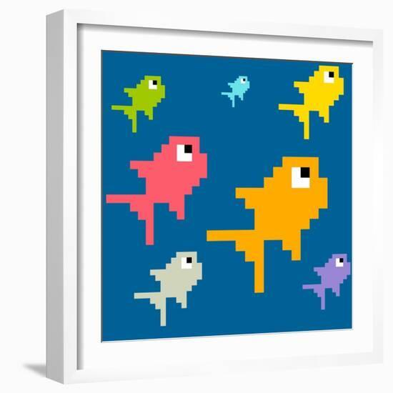 8-Bit Pixel Art Multicolored Fish, Seamless Background Tile-wongstock-Framed Art Print