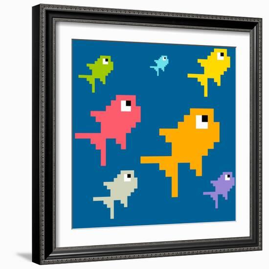 8-Bit Pixel Art Multicolored Fish, Seamless Background Tile-wongstock-Framed Art Print