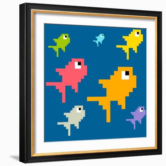 8-Bit Pixel Art Multicolored Fish, Seamless Background Tile-wongstock-Framed Art Print