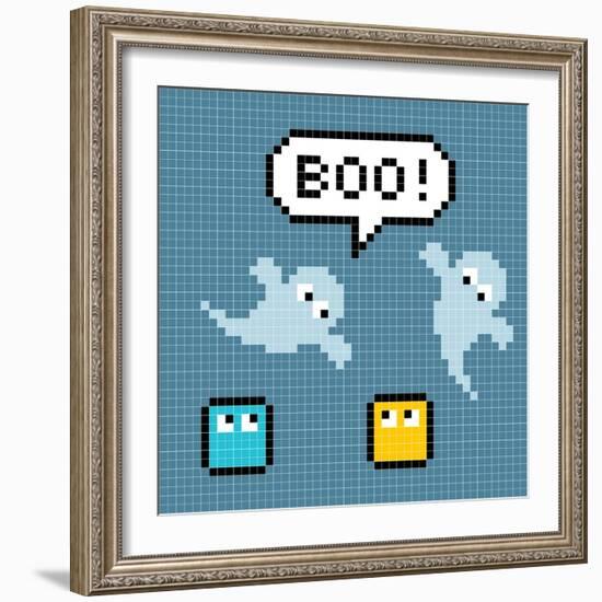 8-Bit Pixel Ghosts Say Boo-wongstock-Framed Art Print