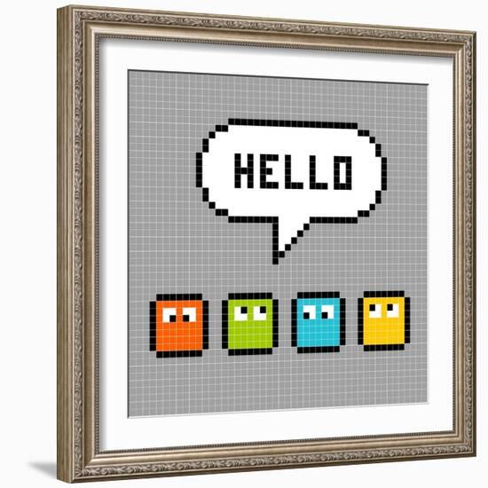 8-Bit Pxiel Characters Say Hello-wongstock-Framed Art Print