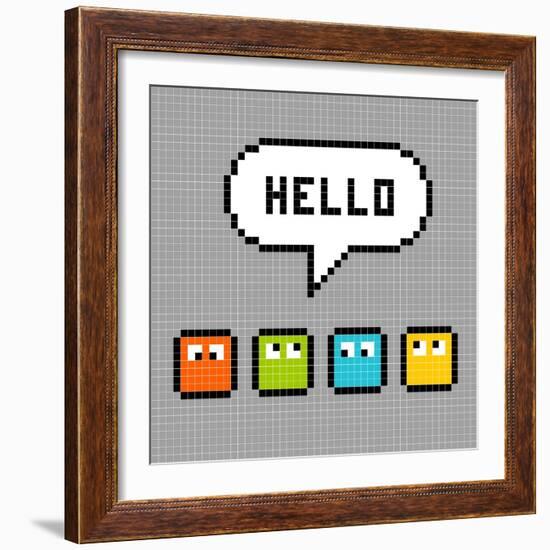 8-Bit Pxiel Characters Say Hello-wongstock-Framed Art Print