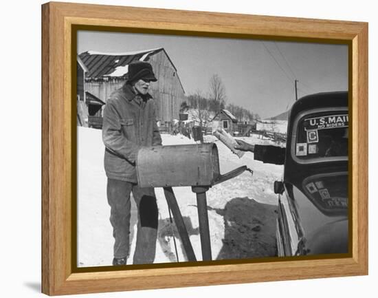 85 Year-Old Elmer Bull Out to Meet Rural Mailman Mark Whalon Making Rounds in Sub-Zero Weather-null-Framed Premier Image Canvas