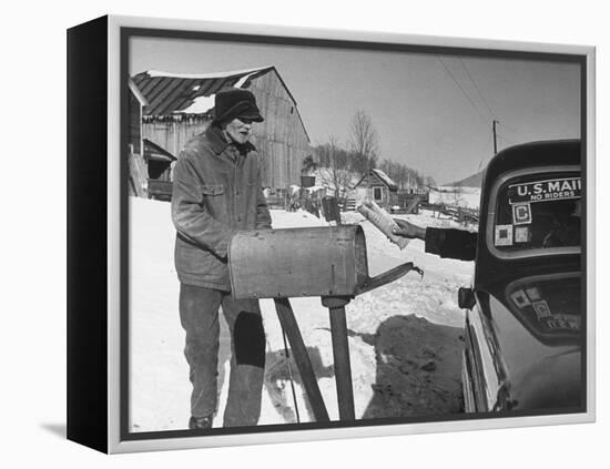 85 Year-Old Elmer Bull Out to Meet Rural Mailman Mark Whalon Making Rounds in Sub-Zero Weather-null-Framed Premier Image Canvas