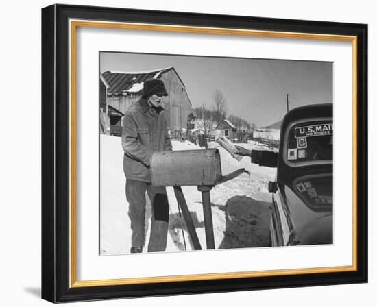 85 Year-Old Elmer Bull Out to Meet Rural Mailman Mark Whalon Making Rounds in Sub-Zero Weather-null-Framed Photographic Print