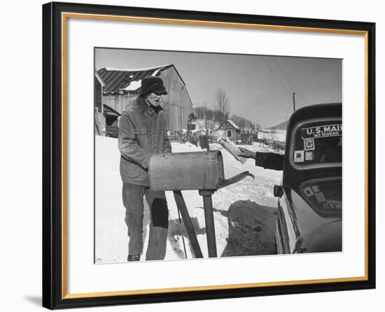 85 Year-Old Elmer Bull Out to Meet Rural Mailman Mark Whalon Making Rounds in Sub-Zero Weather-null-Framed Photographic Print