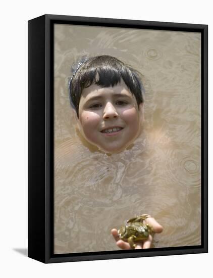 9 Year Old Boy Showing Off His Frog in a Pond, Woodstock, New York, USA-Paul Sutton-Framed Premier Image Canvas