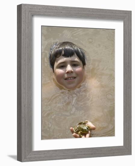 9 Year Old Boy Showing Off His Frog in a Pond, Woodstock, New York, USA-Paul Sutton-Framed Photographic Print