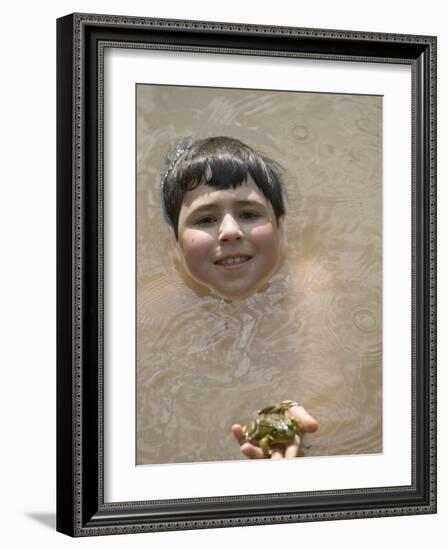 9 Year Old Boy Showing Off His Frog in a Pond, Woodstock, New York, USA-Paul Sutton-Framed Photographic Print