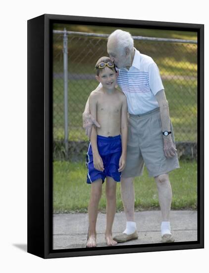 96 Year Old Grandfather with 9 Year Old Grandson at Poolside, Kiamesha Lake, New York, USA-Paul Sutton-Framed Premier Image Canvas