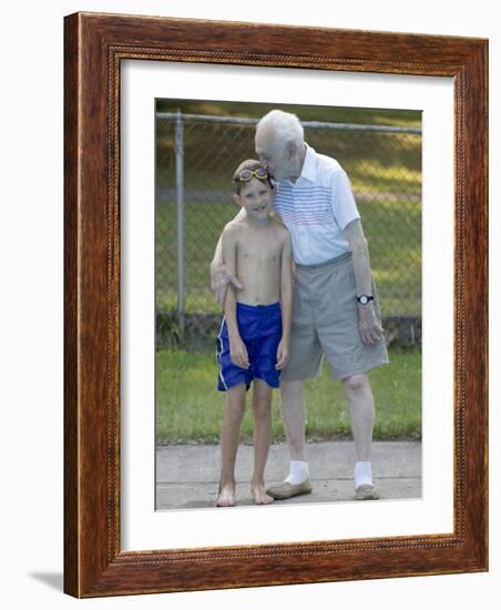 96 Year Old Grandfather with 9 Year Old Grandson at Poolside, Kiamesha Lake, New York, USA-Paul Sutton-Framed Photographic Print