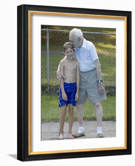 96 Year Old Grandfather with 9 Year Old Grandson at Poolside, Kiamesha Lake, New York, USA-Paul Sutton-Framed Photographic Print