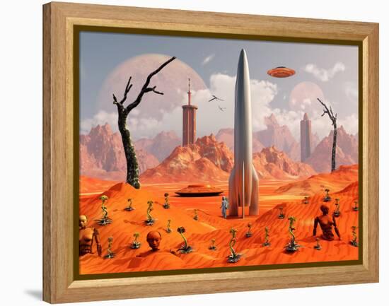 A 1950s Style Scene Showing a Rocketship On a Red Planet-Stocktrek Images-Framed Premier Image Canvas