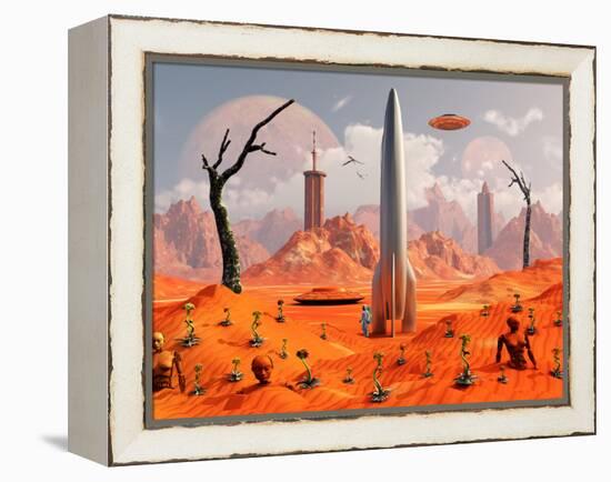 A 1950s Style Scene Showing a Rocketship On a Red Planet-Stocktrek Images-Framed Premier Image Canvas