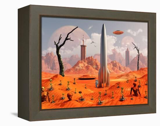 A 1950s Style Scene Showing a Rocketship On a Red Planet-Stocktrek Images-Framed Premier Image Canvas