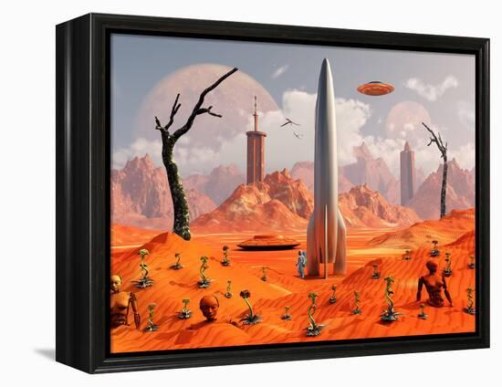 A 1950s Style Scene Showing a Rocketship On a Red Planet-Stocktrek Images-Framed Premier Image Canvas