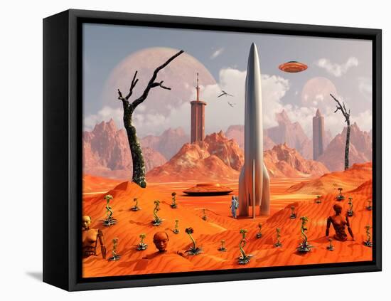 A 1950s Style Scene Showing a Rocketship On a Red Planet-Stocktrek Images-Framed Premier Image Canvas