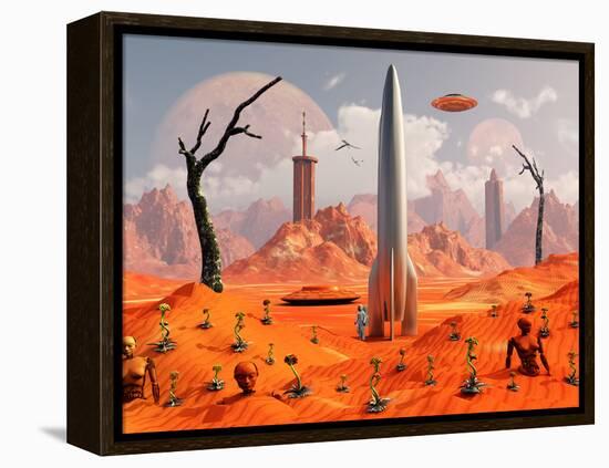 A 1950s Style Scene Showing a Rocketship On a Red Planet-Stocktrek Images-Framed Premier Image Canvas