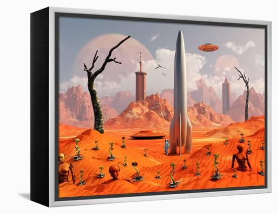 A 1950s Style Scene Showing a Rocketship On a Red Planet-Stocktrek Images-Framed Premier Image Canvas