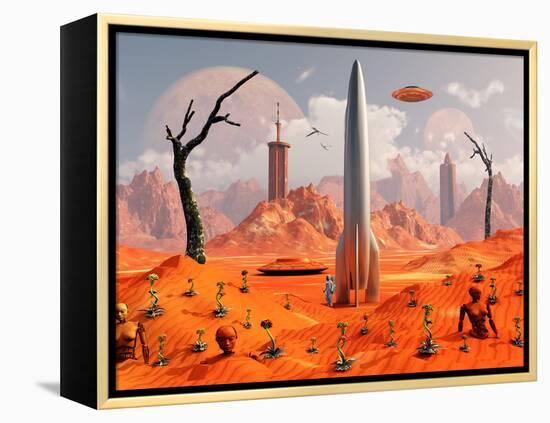 A 1950s Style Scene Showing a Rocketship On a Red Planet-Stocktrek Images-Framed Premier Image Canvas