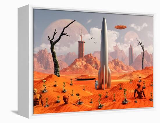 A 1950s Style Scene Showing a Rocketship On a Red Planet-Stocktrek Images-Framed Premier Image Canvas