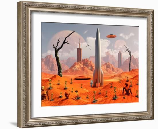 A 1950s Style Scene Showing a Rocketship On a Red Planet-Stocktrek Images-Framed Photographic Print