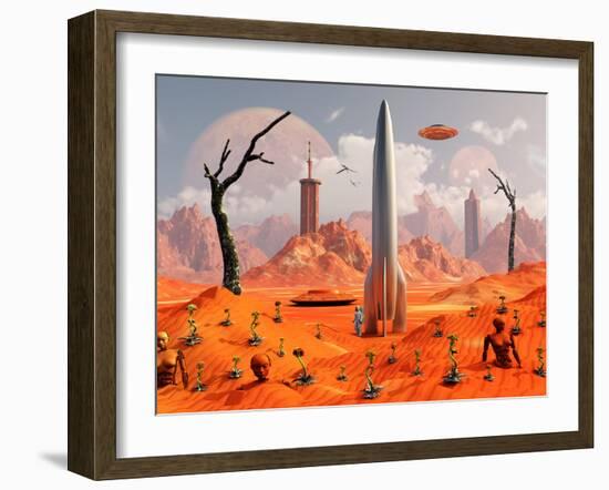 A 1950s Style Scene Showing a Rocketship On a Red Planet-Stocktrek Images-Framed Photographic Print