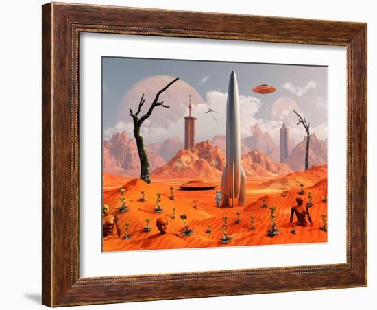 A 1950s Style Scene Showing a Rocketship On a Red Planet-Stocktrek Images-Framed Photographic Print