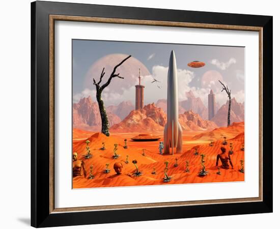 A 1950s Style Scene Showing a Rocketship On a Red Planet-Stocktrek Images-Framed Photographic Print