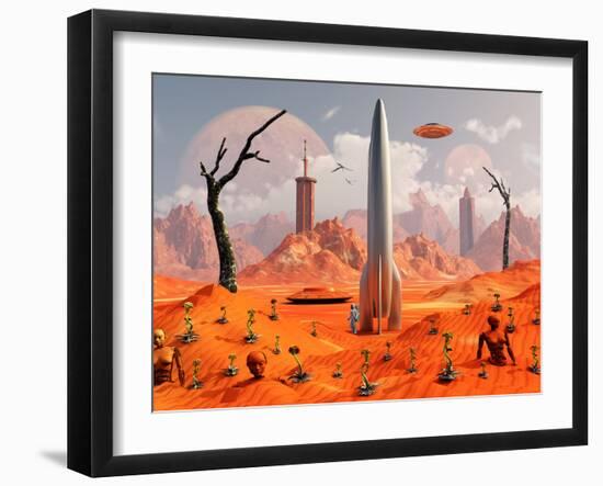 A 1950s Style Scene Showing a Rocketship On a Red Planet-Stocktrek Images-Framed Photographic Print