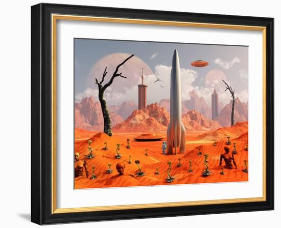 A 1950s Style Scene Showing a Rocketship On a Red Planet-Stocktrek Images-Framed Photographic Print