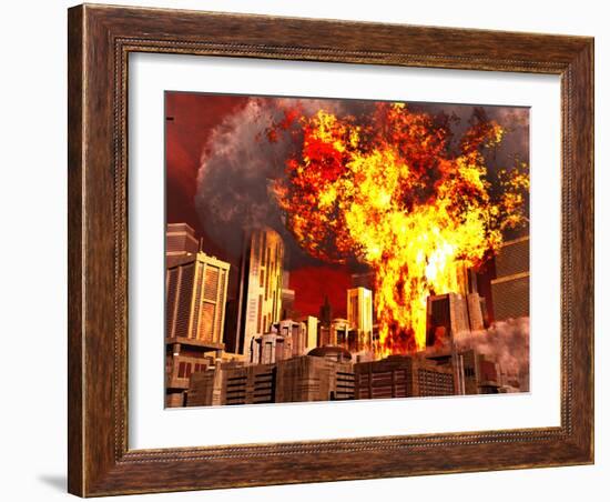 A 3D Conceptual Image of a Stealth Bomber Nuking a City-Stocktrek Images-Framed Photographic Print