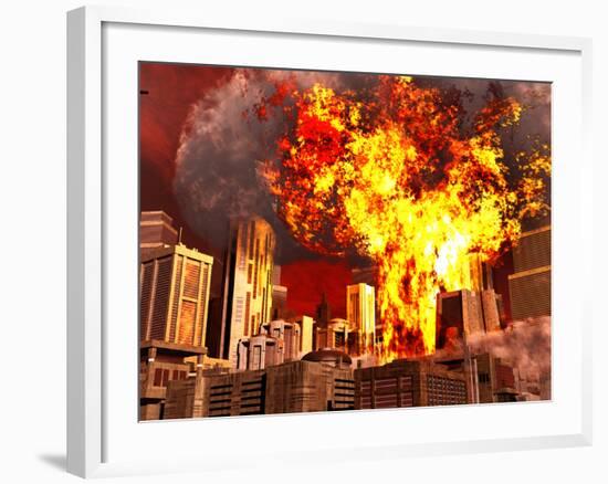 A 3D Conceptual Image of a Stealth Bomber Nuking a City-Stocktrek Images-Framed Photographic Print