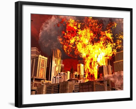 A 3D Conceptual Image of a Stealth Bomber Nuking a City-Stocktrek Images-Framed Photographic Print