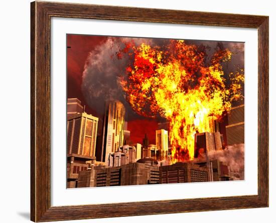 A 3D Conceptual Image of a Stealth Bomber Nuking a City-Stocktrek Images-Framed Photographic Print