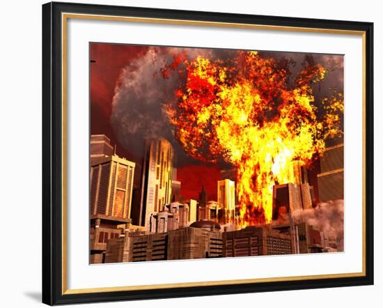 A 3D Conceptual Image of a Stealth Bomber Nuking a City-Stocktrek Images-Framed Photographic Print