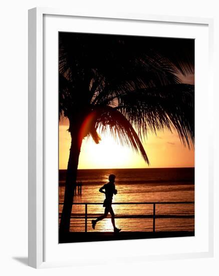 A Afternoon Runner Passes Under a Palm Tree as the Sun Sets Behind-null-Framed Photographic Print