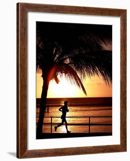 A Afternoon Runner Passes Under a Palm Tree as the Sun Sets Behind-null-Framed Photographic Print