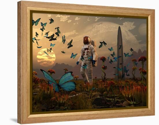 A Astronaut Is Greeted by a Swarm of Butterflies on an Alien World-Stocktrek Images-Framed Premier Image Canvas