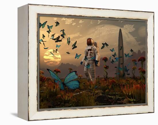 A Astronaut Is Greeted by a Swarm of Butterflies on an Alien World-Stocktrek Images-Framed Premier Image Canvas