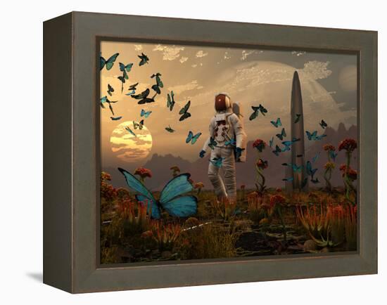 A Astronaut Is Greeted by a Swarm of Butterflies on an Alien World-Stocktrek Images-Framed Premier Image Canvas