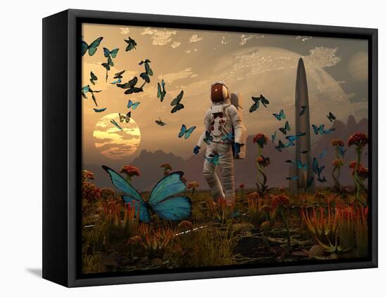 A Astronaut Is Greeted by a Swarm of Butterflies on an Alien World-Stocktrek Images-Framed Premier Image Canvas
