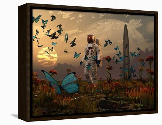 A Astronaut Is Greeted by a Swarm of Butterflies on an Alien World-Stocktrek Images-Framed Premier Image Canvas