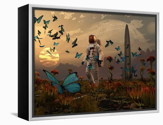 A Astronaut Is Greeted by a Swarm of Butterflies on an Alien World-Stocktrek Images-Framed Premier Image Canvas