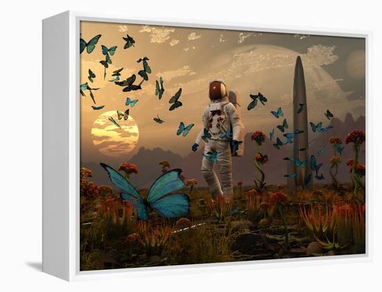 A Astronaut Is Greeted by a Swarm of Butterflies on an Alien World-Stocktrek Images-Framed Premier Image Canvas