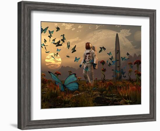 A Astronaut Is Greeted by a Swarm of Butterflies on an Alien World-Stocktrek Images-Framed Photographic Print