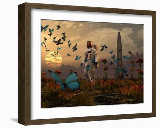 A Astronaut Is Greeted by a Swarm of Butterflies on an Alien World-Stocktrek Images-Framed Photographic Print