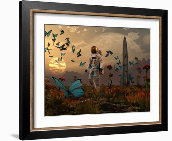 A Astronaut Is Greeted by a Swarm of Butterflies on an Alien World-Stocktrek Images-Framed Photographic Print